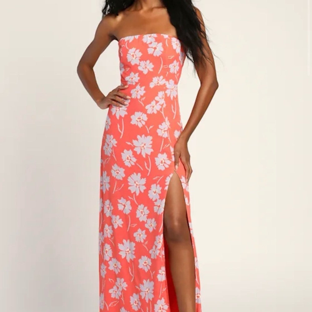 Lulu's Coral Strapless Floral Maxi with High Slit